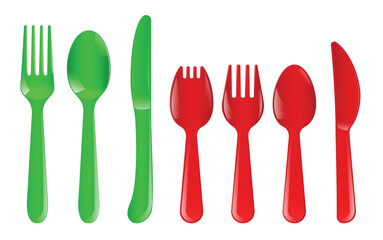 Set Illustration of Realistic Colorful Plastic Cutlery for Kids isolated on white