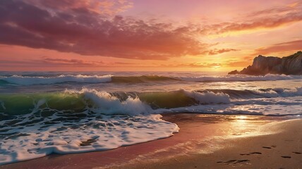 A tranquil coastal scene at sunset with golden beaches stretching into the horizon, rolling waves crashing against the shore, and a rugged cliff to the side, all set against a vibrant orange and pink