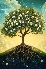 Flowering tree with roots growing into earth, set against sky with clouds and sun peeking through