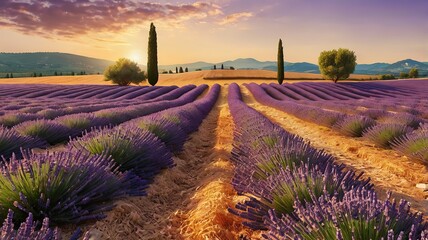 A stunning view of rolling lavender fields in Provence, France, with rows of vibrant purple flowers stretching into the horizon. A small rustic farmhouse with a red roof sits in the distance. Golden h