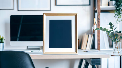 Stunning 3D Mockup Photo Frame on Wall: Elevate Your Home Office Design with Personalized Decoration and Modern Workspace Aesthetics - Perfect for Stock Photos!