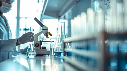 Medicine Research in Chemical Laboratory: Chemist Scientist Conducting Liquid Experiments and Test Analysis with Tubes, Beakers, and Glassware in a Pharmaceutical Medical Lab - Stock Photo Concept wit