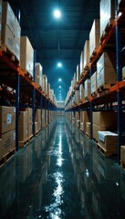 Fototapeta premium Boxes gleam under warehouse lights, rain-slicked floor, view, twilight, gleam