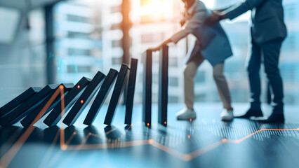 Fototapeta premium Business Professionals Intervening to Halt Crisis Domino Effect: Safeguarding Stability & Preventing Collapse