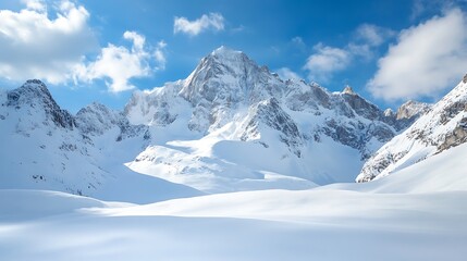 Obraz premium Majestic Winter Wonderland: Snow-Capped Peaks and Serene Valley
