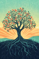 "Vibrant Sunrise Illustration with Tree and Mountain Silhouettes in Paint"