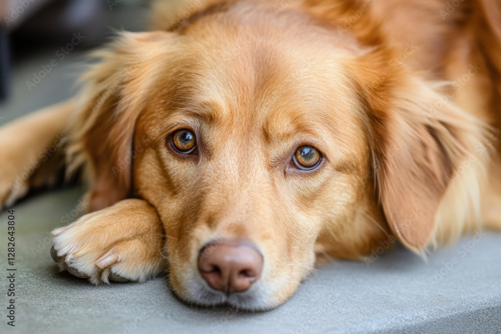 Aufkleber Golden retriever relaxing calmly indoors on a gray surface while looking thoughtfully at the camera. Generative AI