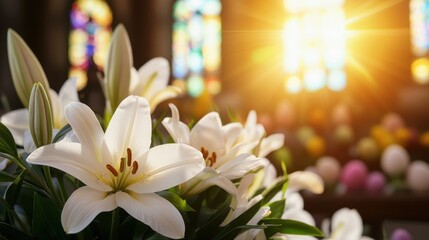 Easter Day Concept, Sunlit Easter Lilies Adorn Church Interior with Beautiful Stained Glass Background