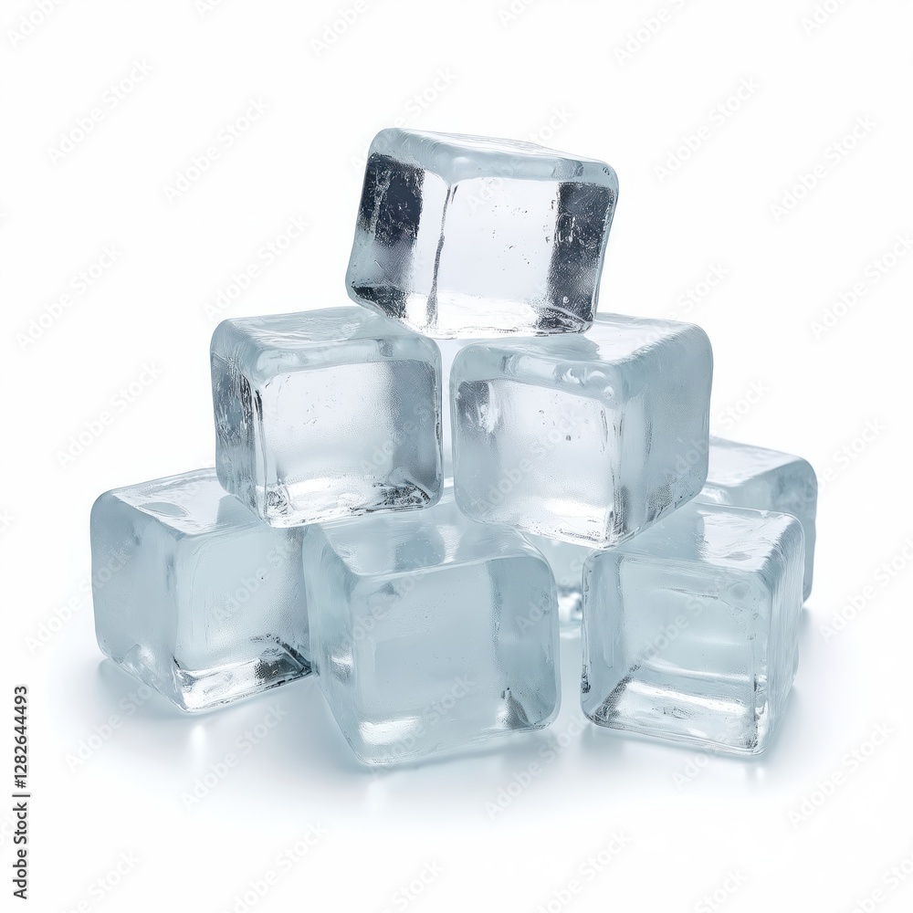 Poster Pile of transparent ice cubes on white. Realistic 3D block set for cooling drinks, refreshing beverages, cocktails. Clean frozen water square shape for summer drinks refreshment. Frosty freeze