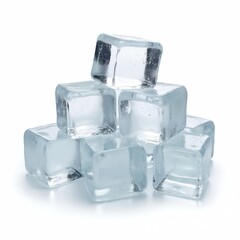 Pile of transparent ice cubes on white. Realistic 3D block set for cooling drinks, refreshing beverages, cocktails. Clean frozen water square shape for summer drinks refreshment. Frosty freeze