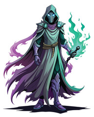 Fototapeta premium A shadowy, cloaked alien assassin, wielding a futuristic weapon, emerges from darkness. The cloak's fabric ripples subtly.