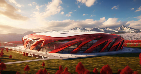 Futuristic Stadium Amidst Natural Splendor