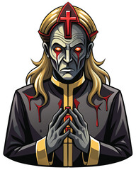 A shadowy, hooded priest figure, his face obscured, reveals a prominent cross-shaped scar on his forehead.  Dark, gothic aesthetic.