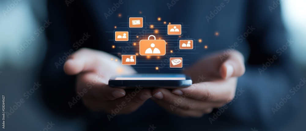 Poster financial inclusion payments growth concept. hands holding a smartphone displaying floating digital 