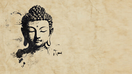 A black ink brush painting of Buddha on a textured beige parchment background with copy space