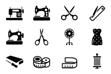 Create a vector icon pack depicting essential textile sewing tools for the fashion industry.  Include needles, thread, scissors, buttons, and a sewing machine.