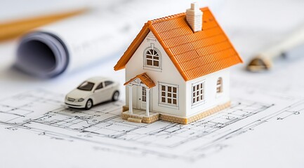 New Home Construction  House Model on Blueprints