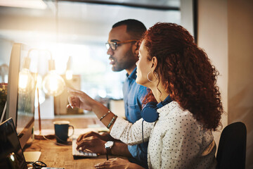 Coaching, woman or manager on computer for web design, creative website and training. Night, people and developer on pc with intern for online project advice, system update and teamwork in startup