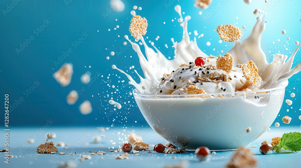 Poster futuristic holographic breakfast bowl with floating cornflakes and splashing milk creates dynamic an