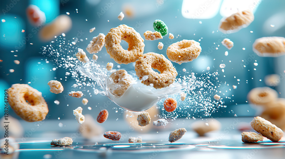 Poster high tech hologram of breakfast cereal pieces splashing into milk, creating dynamic and futuristic s
