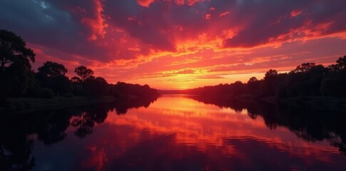 Fiery sunset paints the sky, mirroring in the still waters of Ellesmere Mere , landscape, UK