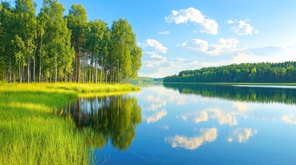 Fototapeta premium Calm lake reflecting trees and sky; summer landscape