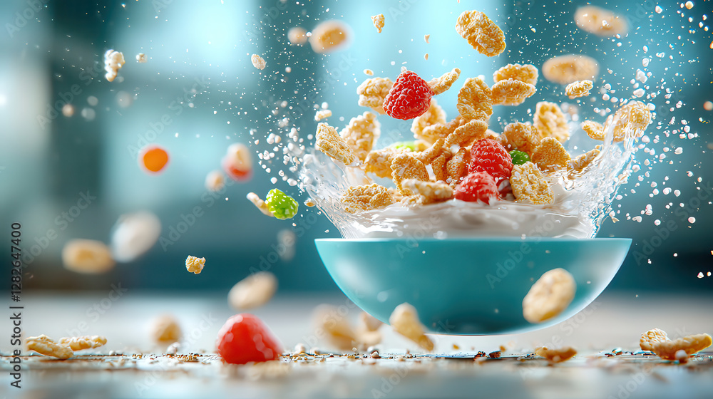 Poster vibrant splash of milk with golden cereal pieces and fresh berries creates dynamic breakfast scene. 