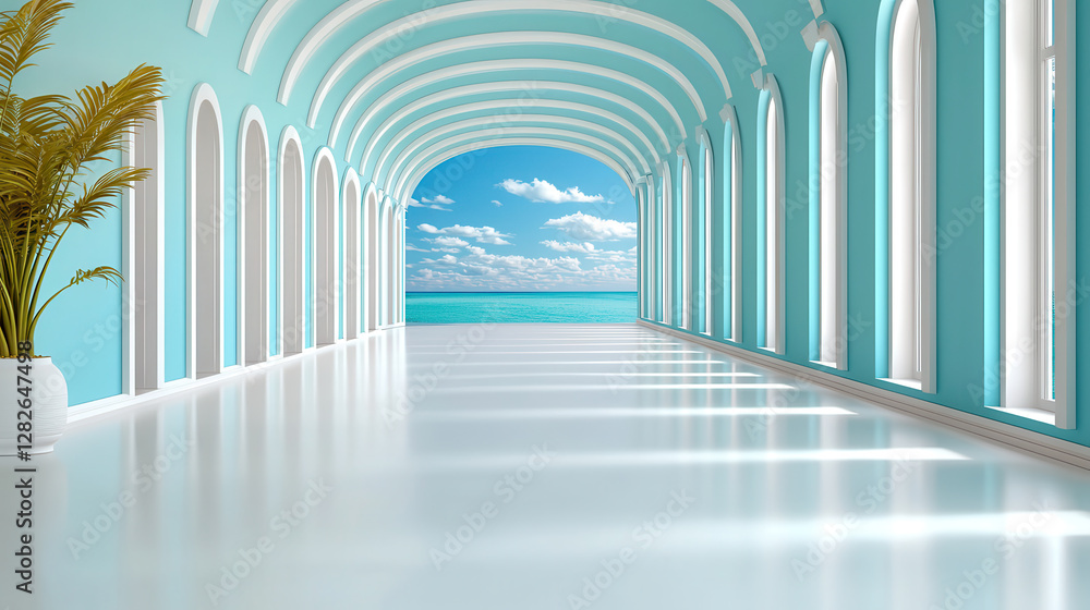 Aufkleber modern hallway with arched windows offers stunning ocean view, creating serene and airy atmosphere. 