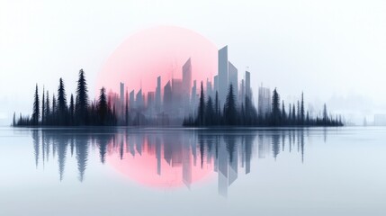 Fototapeta premium Serene Cityscape Modern City Skyline Reflected in Calm Lake at Sunset