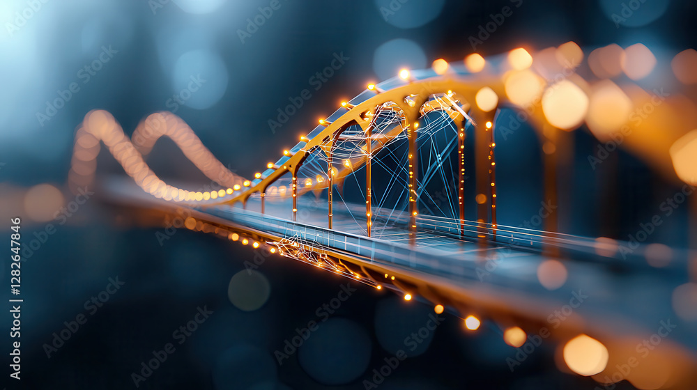 Aufkleber futuristic smart bridge concept with glowing lights and wireframe design, set against blurred background. bridge structure is highlighted by its illuminated elements, creating modern and