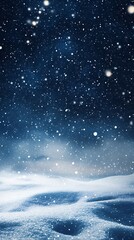 Snowy night landscape, falling snow, frosted ground, starry sky. Use holiday, winter background