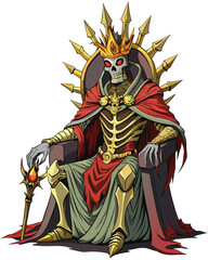 A regal skeletal alien king, adorned with intricate bone-like jewelry, sits upon a throne crafted from twisted, spiky obsidian.  Dark, atmospheric lighting.