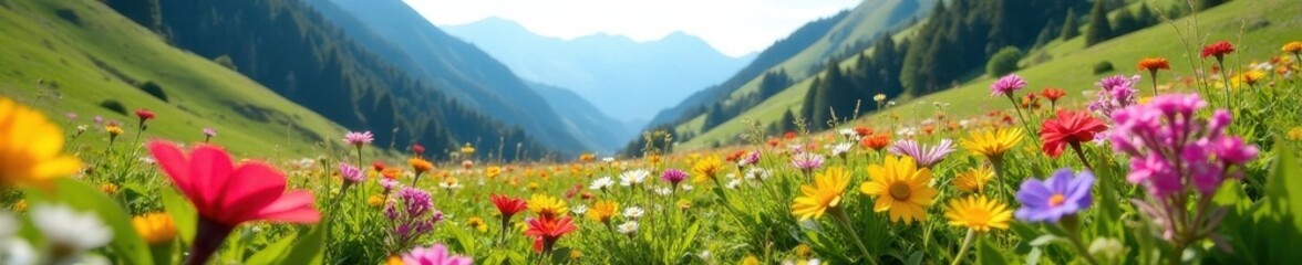Obraz premium Vibrant wildflowers carpet alpine meadow sunlit slopes, beauty, flora, petals