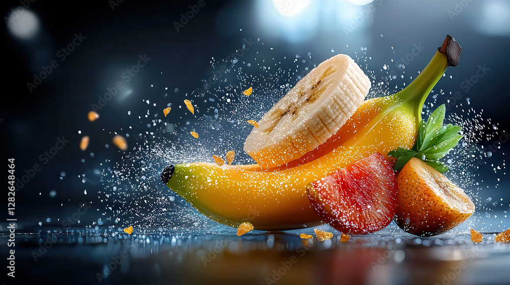 Poster vibrant display of augmented reality fruit chips, featuring banana, strawberry, and holographic effe
