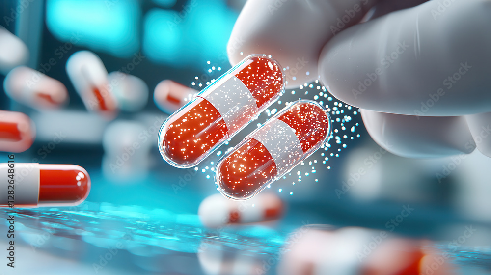 Poster gloved hand holds two red and white capsules with digital holographic effect, symbolizing advanced p