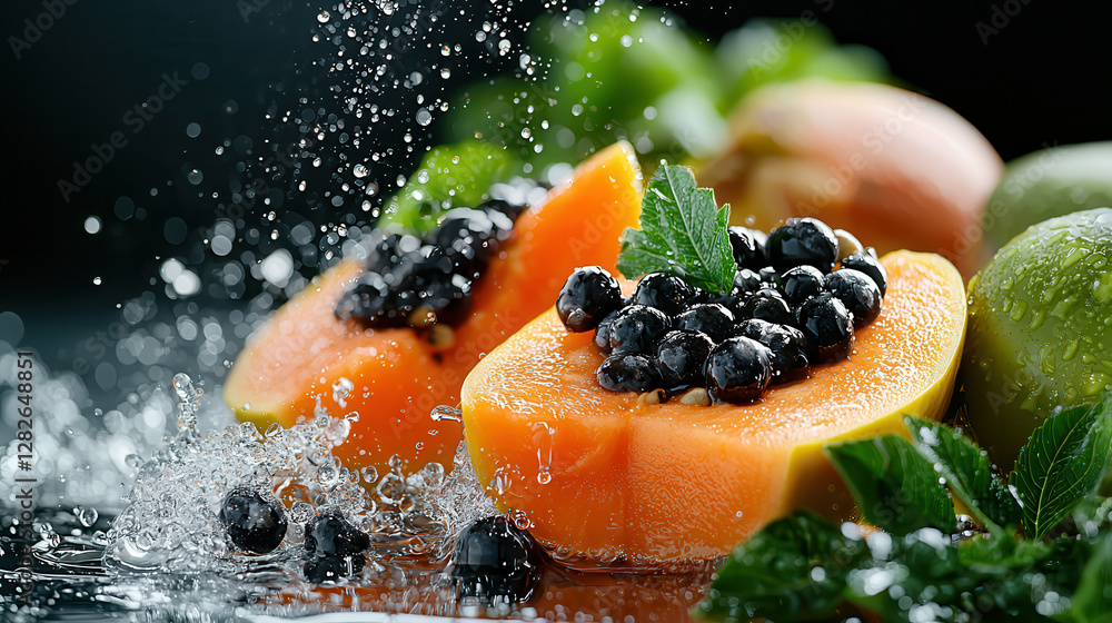 Poster fresh papaya halves with blueberries and mint leaves are splashed with water, creating vibrant and r