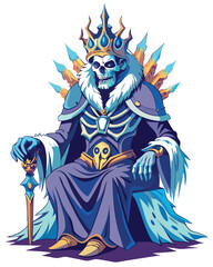 A majestic skeletal emperor, adorned with a rusted crown, sits upon a crumbling throne, embodying decay and regal power.