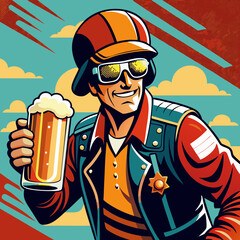 The Cheers of a Biker: A stylized illustration of a smiling biker, raising a refreshing glass of beer under a vibrant, whimsical sky. Capturing the spirit of freedom and enjoyment.