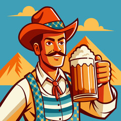 Cheers from the Wild West: A rugged cowboy, adorned in traditional attire, raises a frothy mug of beer against a backdrop of desert mountains.