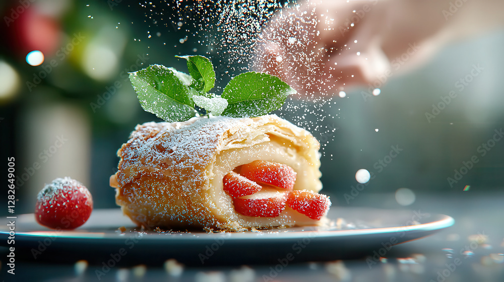 Aufkleber delicious pastry filled with strawberries is being dusted with powdered sugar, creating delightful and appetizing scene. pastry is garnished with fresh mint leaves, adding touch of color and