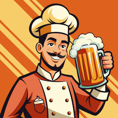 Chef's Toast: An illustration of a jovial chef, complete with a traditional toque and handlebar mustache, proudly holds up a frothy mug of beer in a toast, set against a stylized background.
