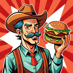 Cowboy with Burger: A charismatic cowboy, complete with hat and handlebar mustache, proudly presents a juicy burger against a vibrant, comic-style background.