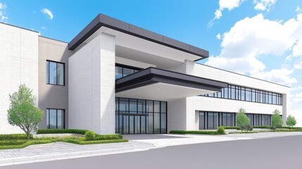 Modern architectural design featuring a spacious entrance and large glass windows.