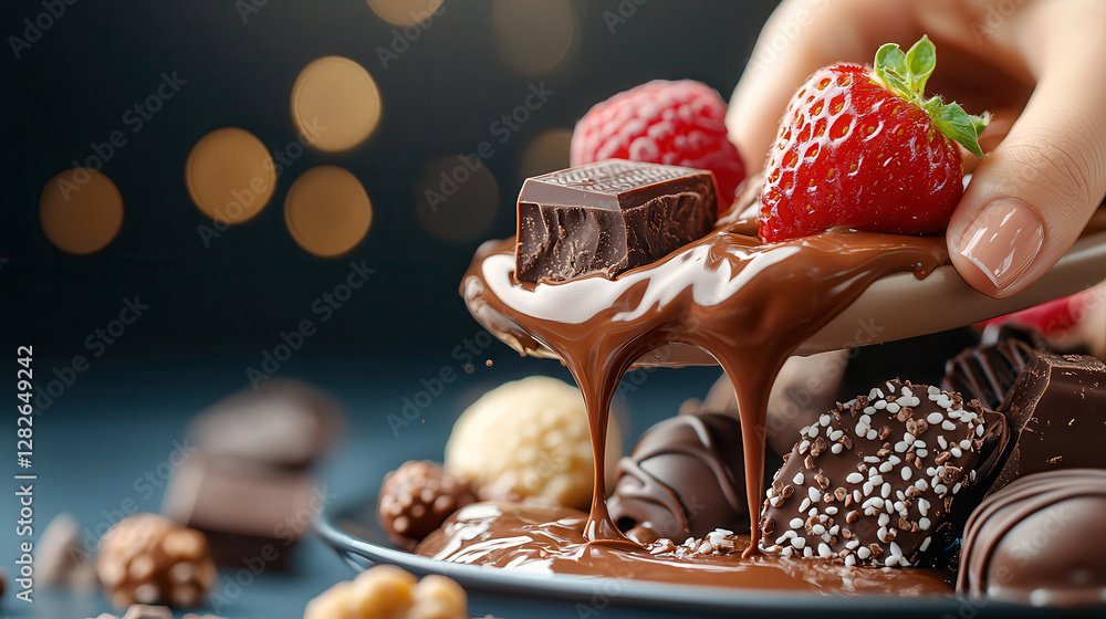 Poster hand dips strawberry into multi tiered chocolate fountain surrounded by assorted chocolates and berr