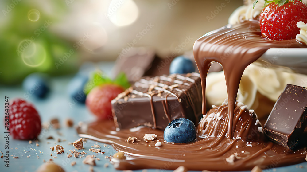 Poster close up of multi tiered chocolate fountain with glossy melted chocolate cascading over assorted fru