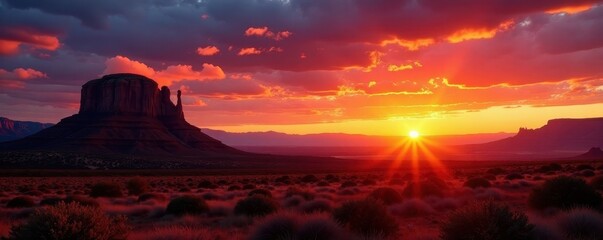 Fototapeta premium Dramatic sunset illuminates Sedona's airport mesa, shadows lengthen , sunset, mesa, picturesque