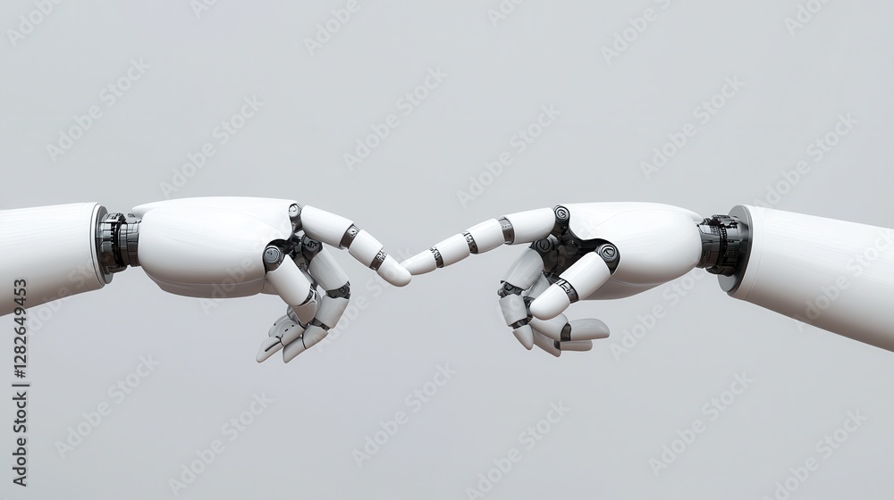 Poster two robotic hands reaching towards each other, symbolizing connection and interaction between techno