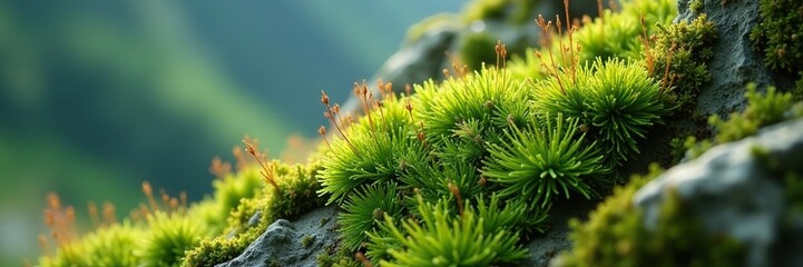 Mossy rock with Tortula muralis and Polytrichum in full context, greenery, Polytrichum, alpine scenery