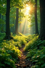 Golden sunlight dapples lush green forest floor, vibrant, forest