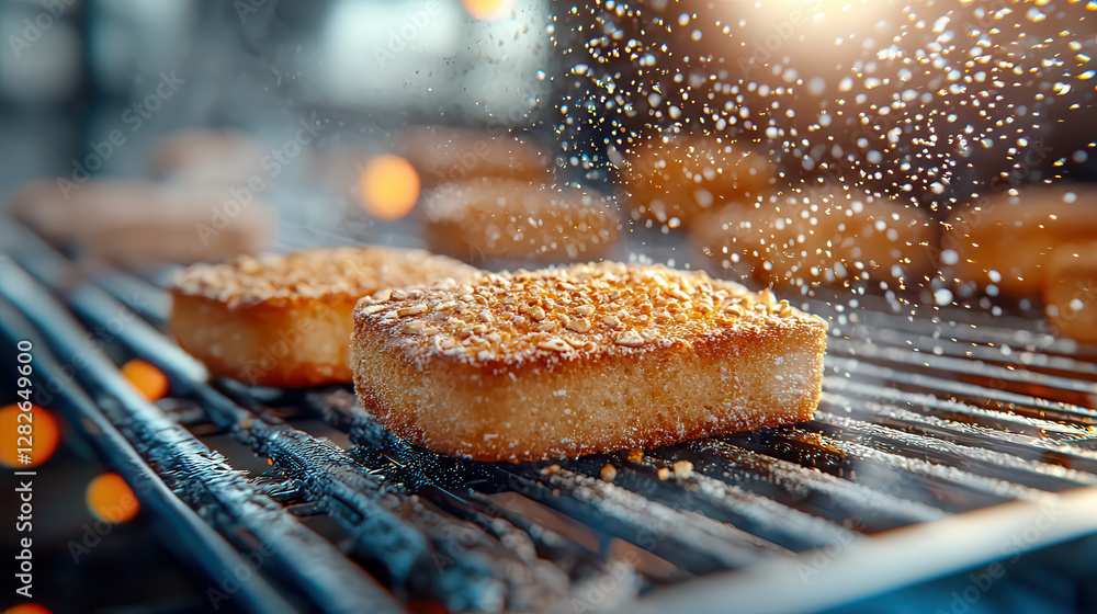 Poster golden, crispy bread fresh from oven is sprinkled with sugar, creating warm and inviting scene. sunl